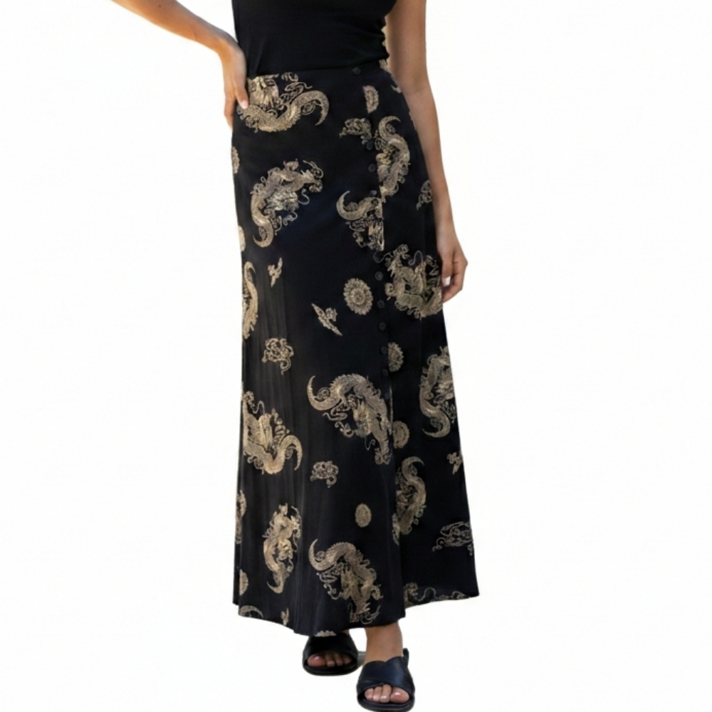 90s Vintage ES-SE PLUS Gold Dragon Celestial Maxi Skirt Black M